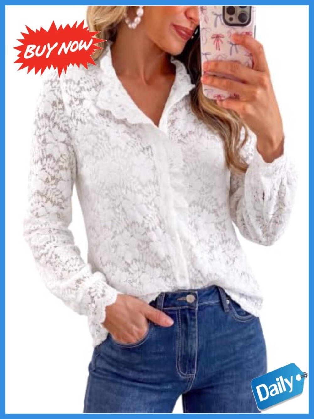 Lace Button Down Shirt Long Sleeve Ruffle Collar Blouse